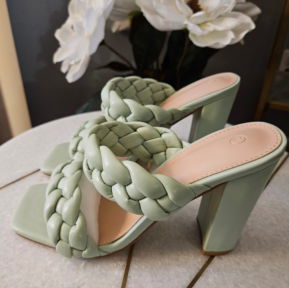 Women's Braided Heeled Sandals Square Open Toe Backless Block Heel Strappy - Picture 2 of 4